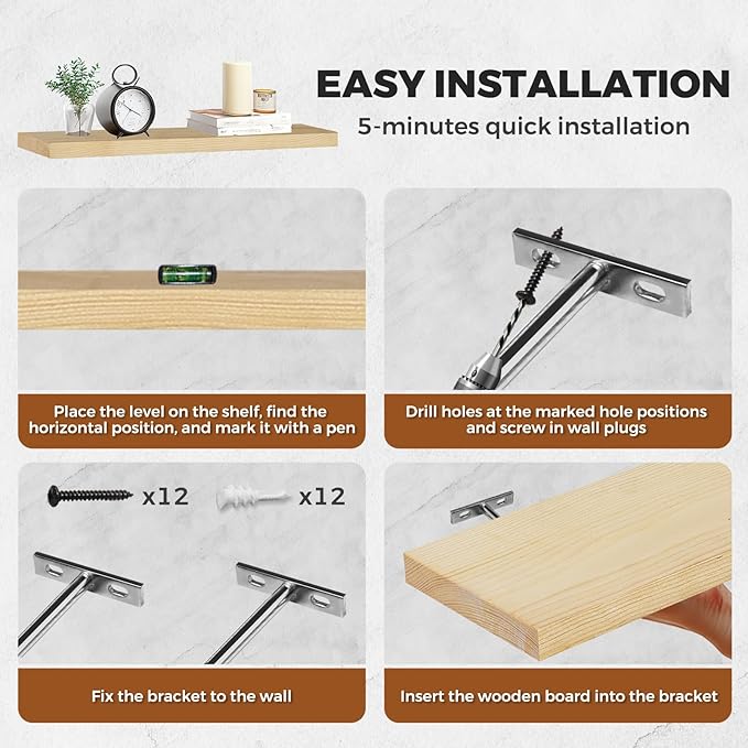 Floating Wall Shelves 3-Pack - 24-Inch Rustic Wooden Shelves for Storage and Décor, Easy Installation for Living Room, Bedroom, and Kitchen-Ruum Studio Home