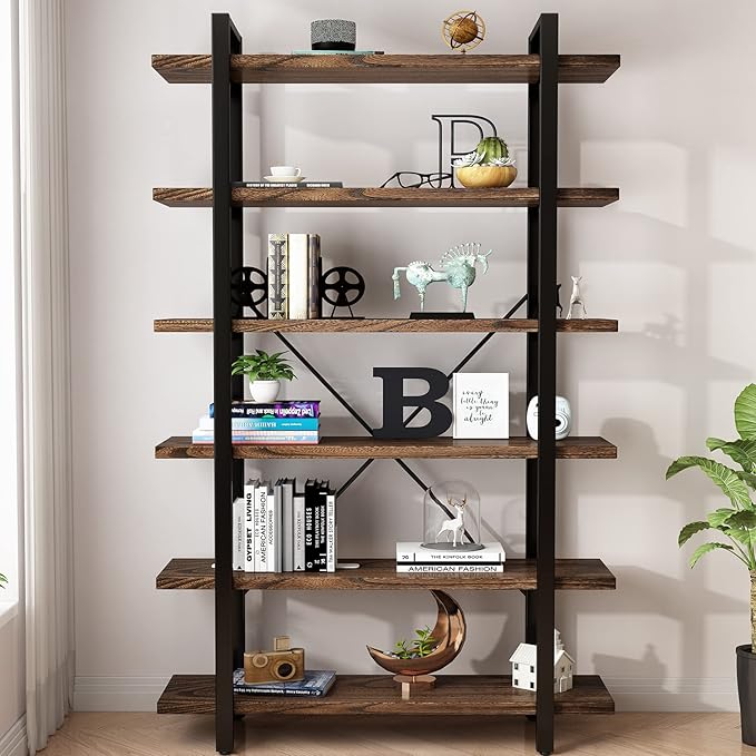 Solid Wood Bookcase and Book Shelves Wood and Metal Shelving Unit 6 Tier Bookshelf Modern Rustic Open Bookshelf Office,Distressed Brown (AY-02-6Tier)-Ruum Studio Home