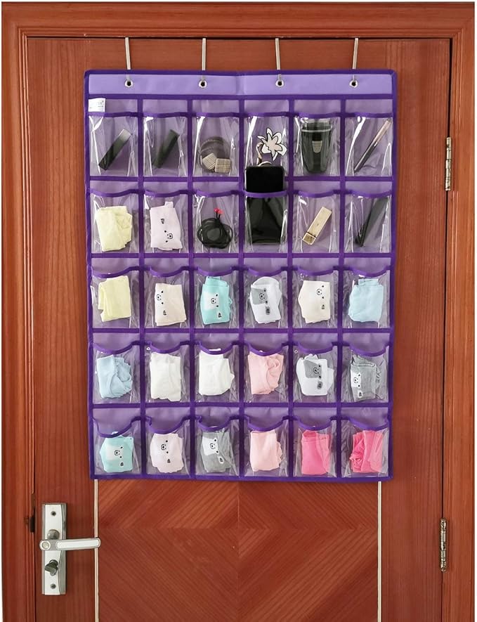Classroom Pocket Chart for Phone Calculator Holder Over The Door Hanging Closet Jewelry Organizer with 30 Clear Pockets (Purple)-Ruum Studio Home