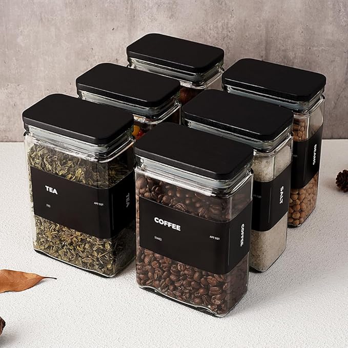 27 oz Glass Storage Jars with Bamboo Lid, set of 6, glass canisters with airtight lids, Clear jars with lids for Cookie, Candy, Tea, Coffee Bean and Rice, Black-Ruum Studio Home