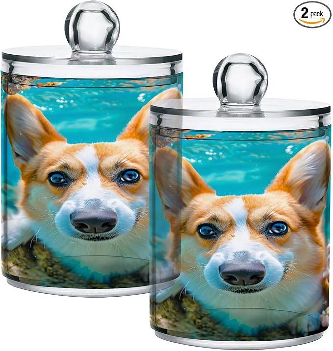 2 Pack Qtip Holder Organizer Dispenser Corgi Dog Underwater Bathroom Storage Canister Cotton Ball Holder Container for Cotton Pads/Swabs/Floss-Ruum Studio Home