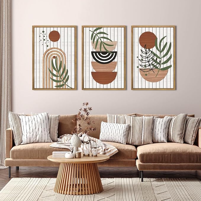 Large Boho Mid Century Wood Wall Art Set Modern Bohemian Wooden Wall Decor Minimalist Leaf Art Decor Abstract Geometric Wall Sculptures for Living Room Bedroom Office-16x24Inchx3-Ruum Studio Home