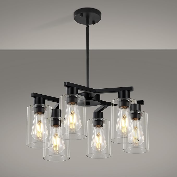 6-Light Black Modern Farmhouse Chandelier for Dining Room Ceiling Light Fixture with Clear Glass Shades, Adjustable Hanging Industrial Pendant Lighting for Living Room Kitchen Island Bedroom Entryway-Ruum Studio Home