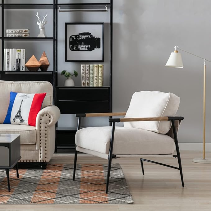 Mid-Century Accent Chair Set of 2, Soft Armchair Chenille Fabric Lounge Chair with Black Metal Legs, Upholstered Leisure Chair for Living Room Bedroom Reception Room, Beige-Ruum Studio Home