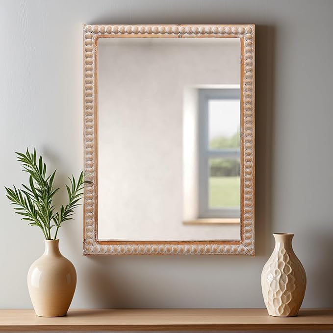 Farmhouse Bathroom Mirror 22x30 Inch - Rectangular Wall Mirrors with Wood Frame & Beaded Design - Distortion-Free Glass, Horizontal/Vertical Mount or Freestanding-Ruum Studio Home