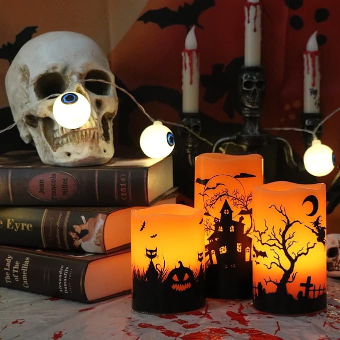 Wondise Halloween Flickering Flameless Candles with 6 Hour Timer, Battery Operated LED Real Wax Candles Set of 3 Halloween Home Decoration Gifts(3 x 4 5 6 Inch)-Ruum Studio Home