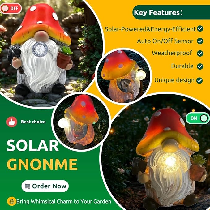Solar Mushroom Gnomes Garden Statues Outdoor Decor with Night Glow,Cute Fairy Garden Statues for Yard,Pathway,Lawn Art Ornamen,Spring,Easter,Birthday Christmas Women Mom Gift Idea (Red)-Ruum Studio Home