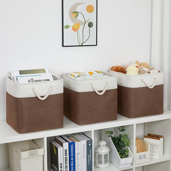 Bidtakay Collapsible Rustic Cube Storage - Brown Cloth Baskets with Handles, 13x13x13 Inch, Set of 3 Fabric Storage Bins-Ruum Studio Home