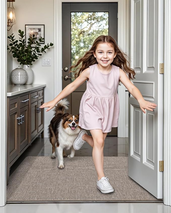LUMI Ultra Thin Door Mat for Entryway, Low Profile Non Slip Rubber Backing Indoor Doormat, Easy Clean Welcome Entrance Mat for Inside House, Patio, Khaki 20"x32"-Ruum Studio Home