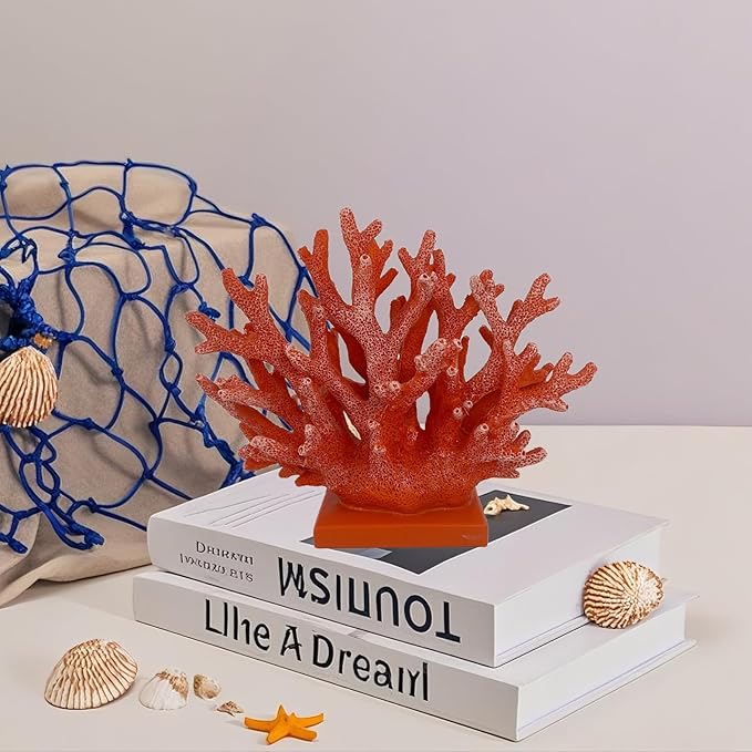5.8" H Red Orange Coral Decor - Resin Coral Statue, Nautical Decor for Home, Bedroom, Bathroom, Living Room, Ocean Themed Cabinet Shelf Tabletop Decoration-Ruum Studio Home