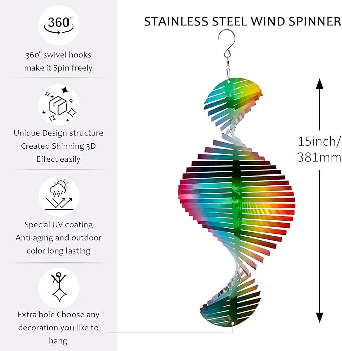 Wind Spinner Rainbow Wave Wind Spinners for Yard and Garden,15in Hanging Kinetic Yard Art Wind Sculpture,3D Wind Spinners Outdoor & Indoor Rainbow Helix Garden Decor Christmas Ornaments-Ruum Studio Home