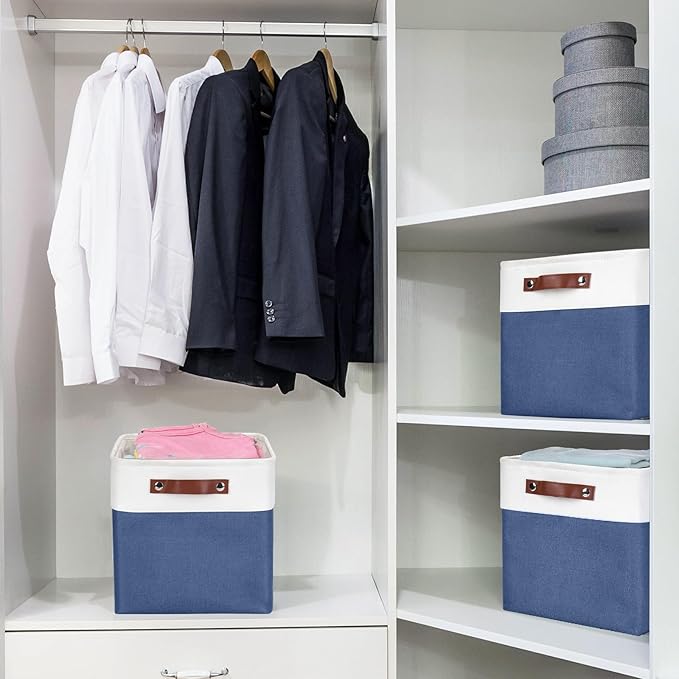 Collapsible Fabric Storage Cubes 11x11 Cube Storage Bins, 4 Pack Closet Baskets Box with Handles for Organizing, Shelf, Toys, Clothes, Home, Office, Nursery (Navyblue&White)-Ruum Studio Home