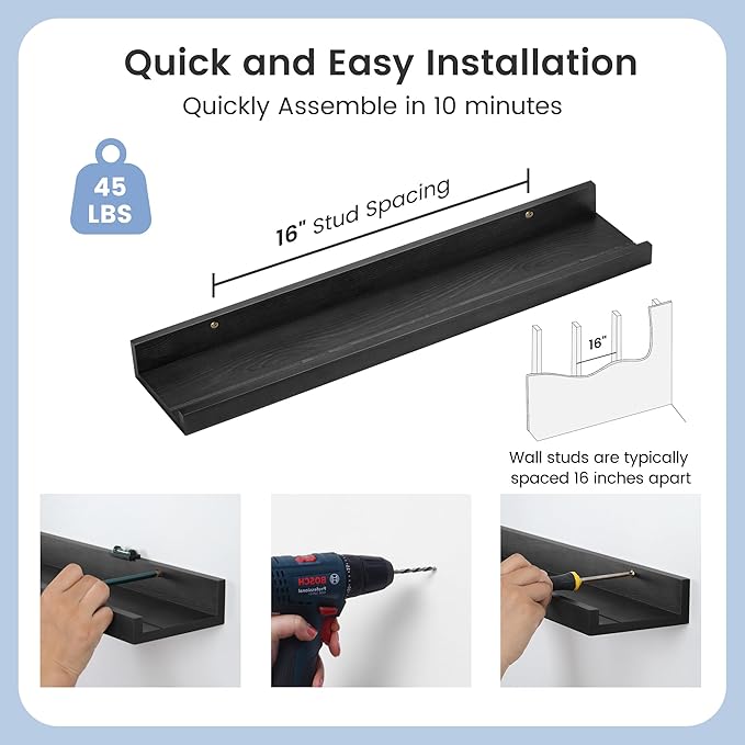 Picture Ledge Shelf for Wall, 24 inch Solid Pine Wood Nursery Book Shelves 2 Packs, Floating Ledge Shelves for Kids' Room Bedroom Bathroom Living Room Photo Frames Office Nursey Wall Decor, Black-Ruum Studio Home