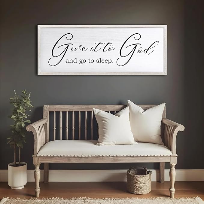Give It To God And Go To Sleep Sign Wall Decor 40x15 Inch Large Farmhouse Master Bedroom Above Bed Hanging Wall Art Rustic Guest Room Wood Framed Over Bed Wall Decoration (White)-Ruum Studio Home