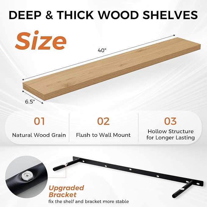 Fun Memories Floating Shelves for Wall, 40" Rustic Wood Deep Wall Mounted Shelves with Invisible Brackets for Decor & Storage, Floating Shelf for Living Room, Bathroom (Oak, Set of 2)-Ruum Studio Home