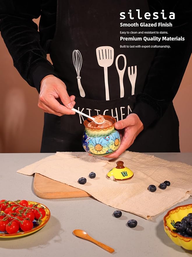 silesia Handmade Sugar Bowl with Lid and Spoon, 9 Ounce Ceramic Hand-Painted Sugar Jar for Home in Gift Box, Kitchen Decor, Oven, Dishwasher & Microwave Safe, Glazed Yellow-Ruum Studio Home