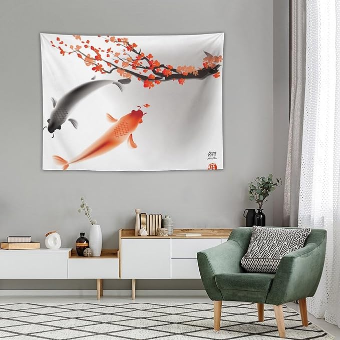 Japanese Koi Fish Tapestry, Cherry Blossoms Asian Oriental Flower Branch Koi Fish Carp Tapestries Wall Hanging for Bedroom Living Room Office Decor 40"x30"-Ruum Studio Home