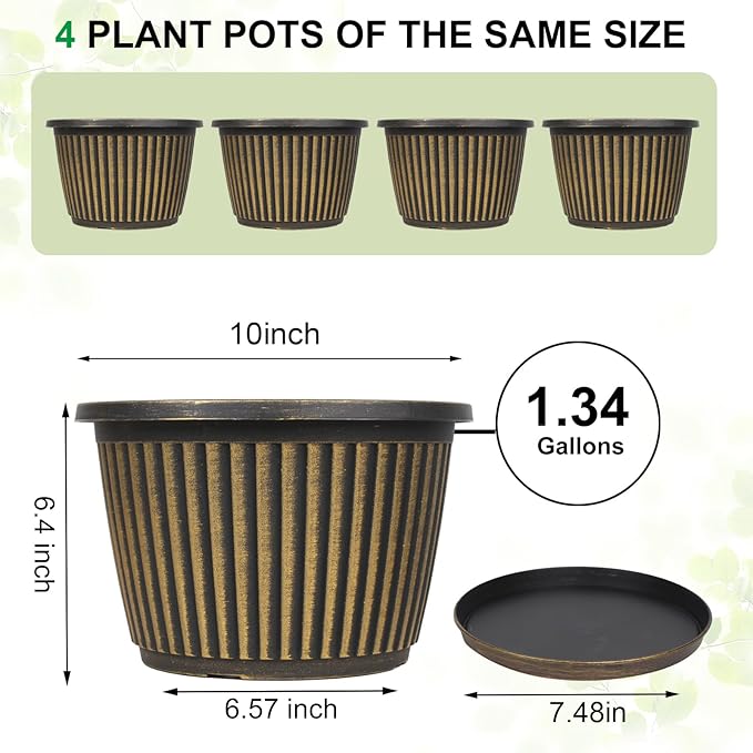Planter-Pots-for-Plants-Indoor-Outdoor, 4 Pack 10 Inch Plastic Flower Pots with Saucer & Drainage Holes, Modern Garden Planters for Planting Medium Large Plants，Decorative Resin Garden Pots-Ruum Studio Home