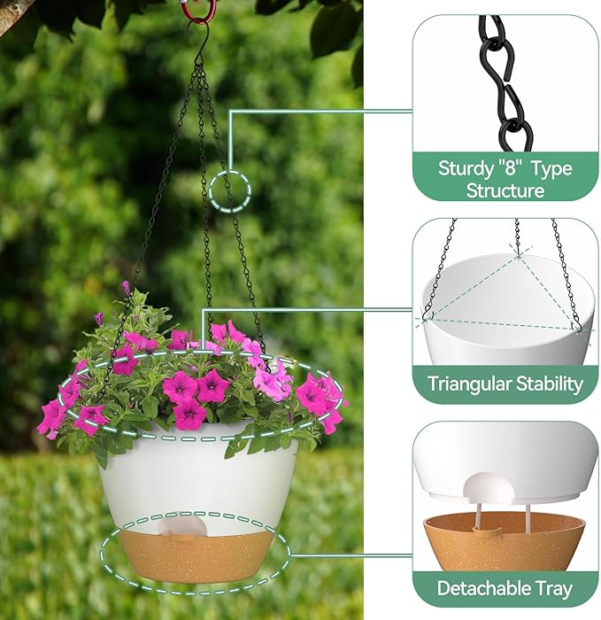ZMTECH 12 Inch Hanging Planters for Indoor Outdoor Plants, 1 Pack Self Watering Hanging Plant Pots with Drainage Holes and Removable Saucer, Plastic Flower Hanging Pots with Watering Lip (White)-Ruum Studio Home