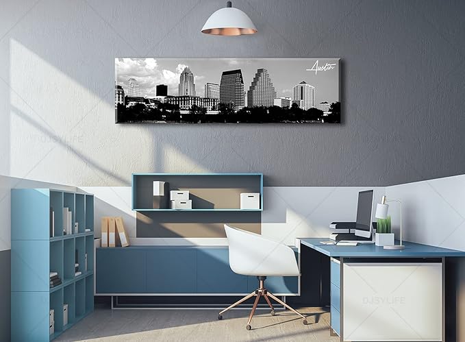 Austin Skyline Wall Art Black and White City Building for Living Room Cityscape Canvas Print Modern Home Decor Artwork Framed 14x48 Inch 1 Panels Panorama Pictures Landscape Poster Decoration-Ruum Studio Home