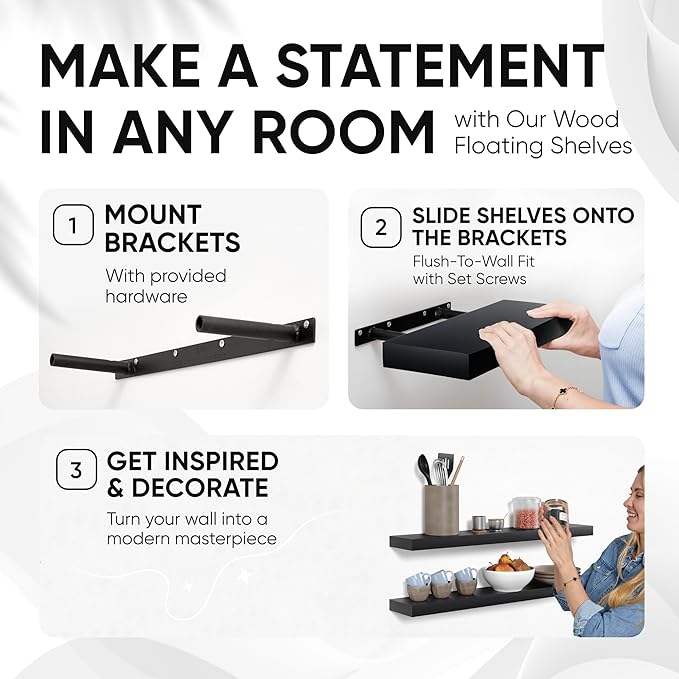 Homeforia Black Floating Shelves 36 inches Long, High End Solid Real Wood 36 inch Floating Shelf for Wall Mounted, Black Wooden 36in Floating Shelves, Heavy Duty Bracket, 36 X 6.5 X 1.75 in, Set of 2-Ruum Studio Home