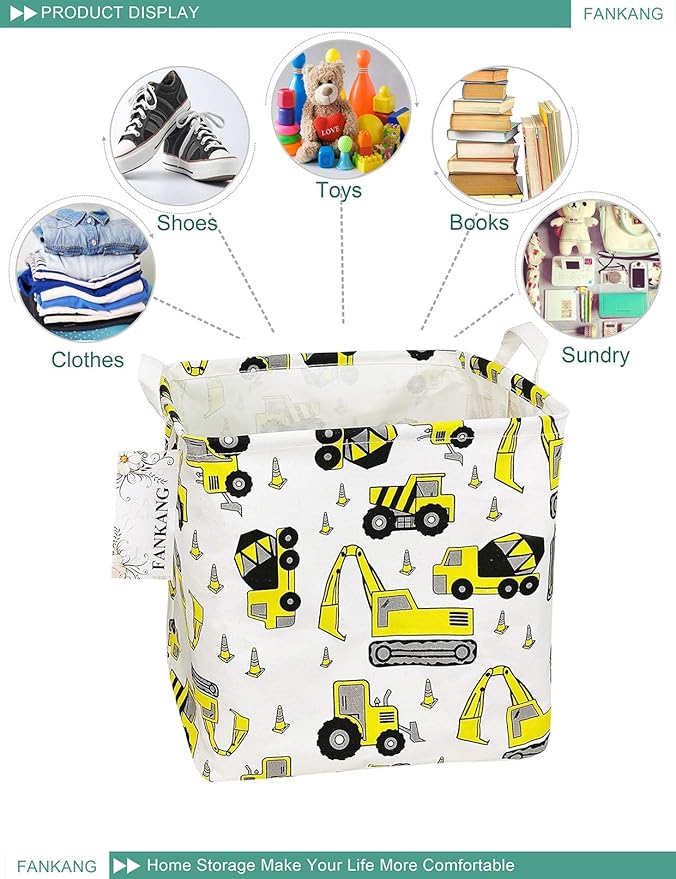FANKANG Square Nursery Hamper Storage Bins Canvas Laundry Basket Foldable with Waterproof PE Coating Storage Baskets Gift Baskets for Children, Office, Bedroom, Clothes（Square-Engineering ）-Ruum Studio Home