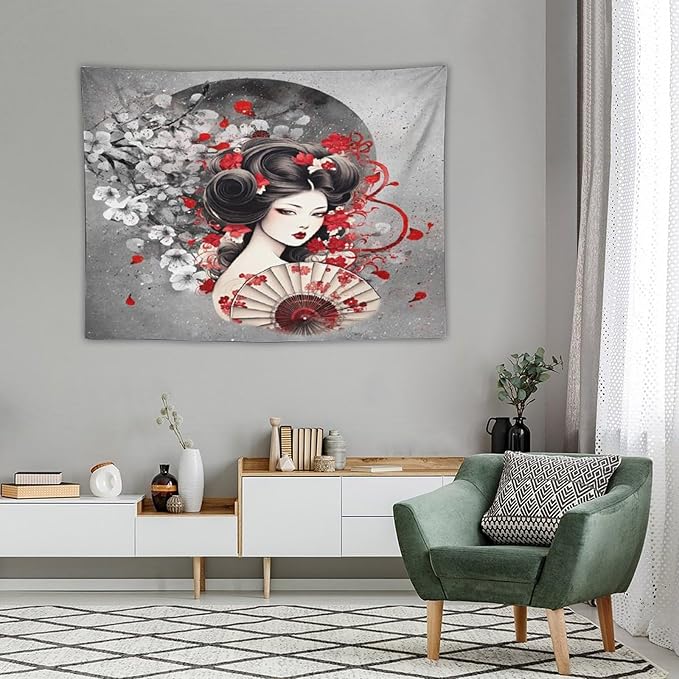 Japanese Geisha Tapestry Asian Red Cherry Blossom Red Sun Traditional Kimono Folk Tapestries Home Decor for Living Room Bedroom Apartment Farmhouse Dorm 40"x30"-Ruum Studio Home
