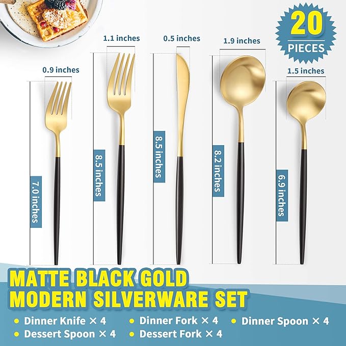 Matte Black Gold Silverware Set for 4,Modern Stainless Steel Brushed Cutlery Set,20-Pieces Heavy Duty Flatware Set,Knives Spoons and Forks Set Utensils Set, Satin Finish, Dishwasher Safe-Ruum Studio Home