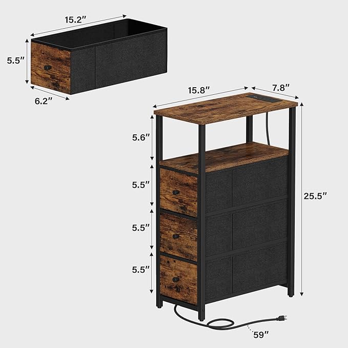 TUTOTAK Narrow LED Night Stand with Charging Station, Slim End Table with Plugins, Tall Side Table with 3 Fabric Drawer, Small Bedside Table with Storage, Set of 2, for Living Room, Brown TB01BB073L-Ruum Studio Home