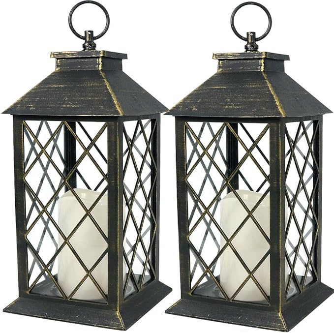 Bright Zeal 2-Pack 13.5" Vintage Candle Lantern with LED Candle (Distressed Gold, 6hr Timer) - IP44 Waterproof Outdoor Hanging Lanterns Battery Powered - Tabletop Lantern Decorative Home Lanterns-Ruum Studio Home