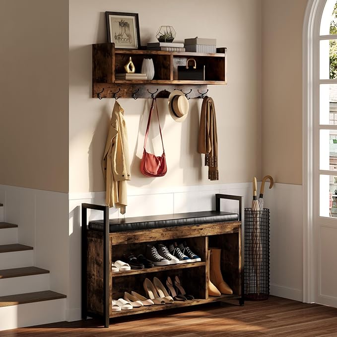 YITAHOME Coat Rack Shoe Bench Set, Wall Coat Rack with Shoe Storage, Industrial Entryway Shoe Bench with Coat Rack, 2 Storage Cubbies with Lip Top for Entryway, Hallway, Rustic Brown-Ruum Studio Home