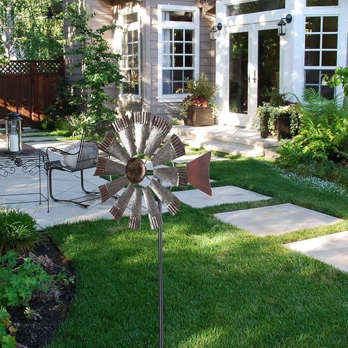 Wind Spinners Outdoor，Metal Vintage Style Single Sided Silver Windmill Kinetic Wind Spinner for Outdoor Garden Patio Yard Decor,Diameter 13 Inches-Ruum Studio Home