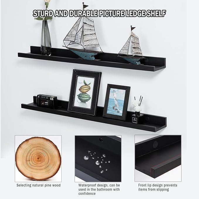 Black Floating Shelves 36 Inch Modern Picture Frame Shelf for Wall Picture Ledge Shelves with Lip Wooden Book Toy Shelves Set of 2 Bathroom Shelf Organizer for Living Room Bedroom Kitchen Wall Decor-Ruum Studio Home