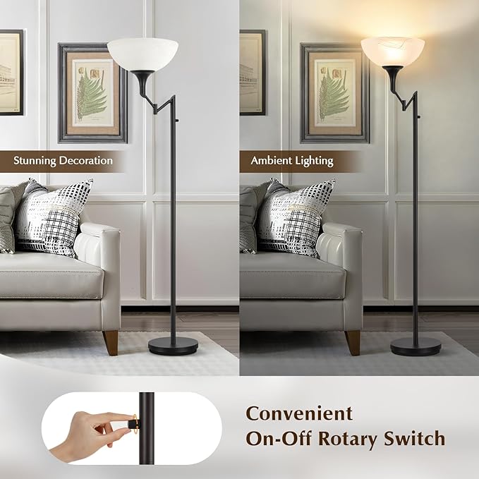 Floor Lamps for Living Room Black, 70" Tall Standing Lamp with Glass Shade, Torchiere Floor Lamp with 350°Adjustable Swing Arm Lamp, Pole lamp for Bedroom, Living Room, Office, Bulbs Included-Ruum Studio Home
