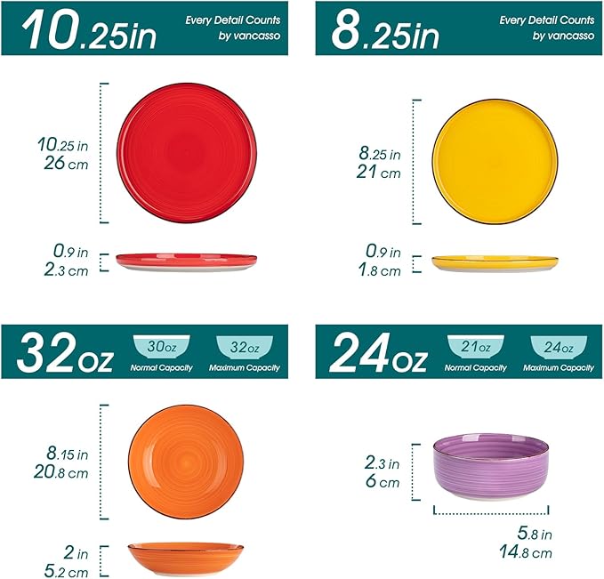 vancasso Bonita Dinnerware Sets 24 Pieces, Stoneware Dishes Set for 6, Dinner Platers with Bowls Set, Dinshwasher and Microwave Safe, Multicolor-Ruum Studio Home