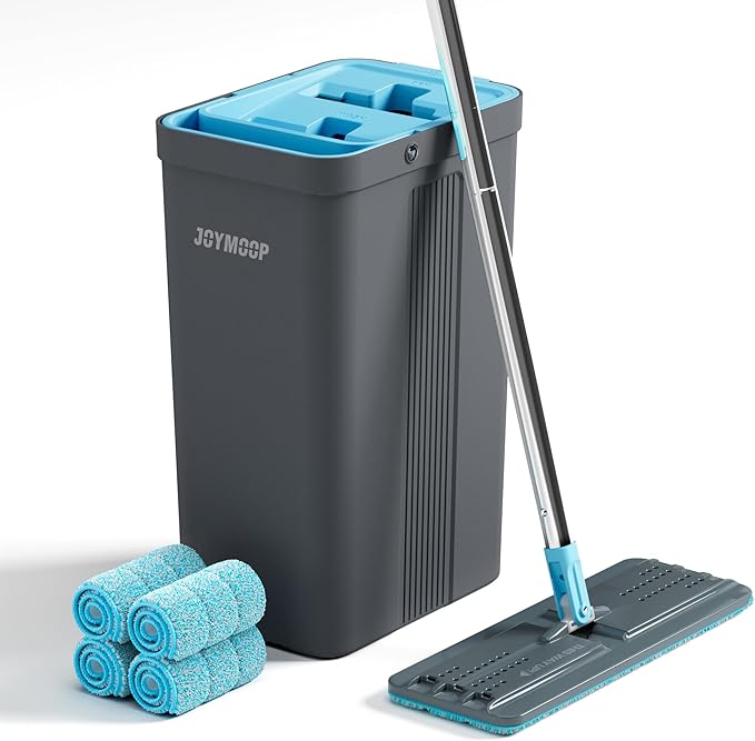 JOYMOOP Mop and Bucket Set with Wringer, Mops for Floor Cleaning, Wall Mop Cleaner with Long Handle, with 4 Reusable Microfiber Mop Pads - Grey+Cyan Blue-Ruum Studio Home