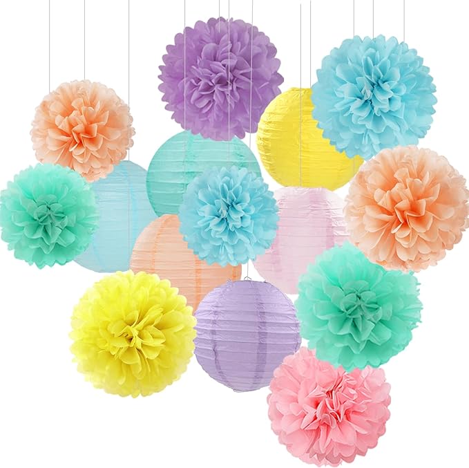 Pastel Rainbow Colorful Party-Decorations Paper Flowers Lanterns - 15PCS Birthday Classroom Baby Shower Tissue Pom Poms Streamers, Macaron Carnival Theme Hanging Supplies Decor Hugfond-Ruum Studio Home