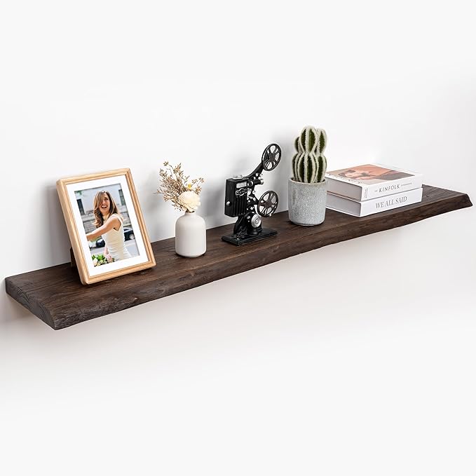 RICHFOCUS Live Edge Elm Floating Shelves - 55" W x 9.3" D Rustic Solid Wood Wall Shelves with Invisible Bracket, Wall-Mounted for Living Room, Bedroom, Kitchen Storage & Display, Set of 1, Walnut-Ruum Studio Home