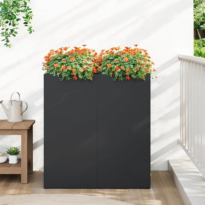 Stoog 30" Tall Planters for Outdoor Plants, All-Weather Metal Planter Boxes Set of 2, with Removable Insert Shelf, Modern Design, Indoor/Outdoor Use, Black-Ruum Studio Home