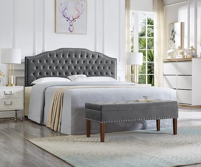 24KF Upholstered Button Tufted King Size Headboard with Nailhead Trim, Soft Velvet Fabric Headboard King/Cal King Size -Dark Gray-Ruum Studio Home
