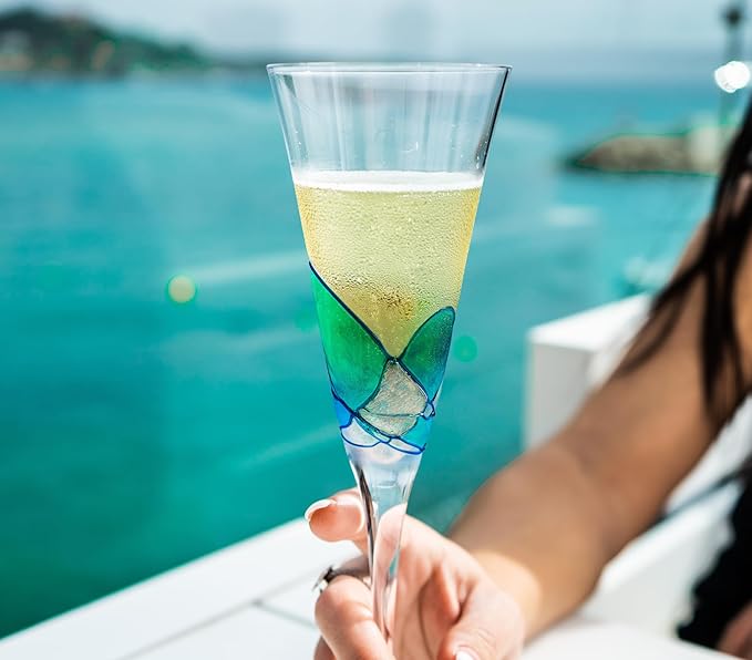 Victoria Barcelona Champagne Flute Set of 2 – 7.5 oz Mouth-Blown Turquoise Sea Glass | Hand-Painted, Gaudí & Murano Inspired | Artistic Unique Gift Ideas for Her or Him-Ruum Studio Home