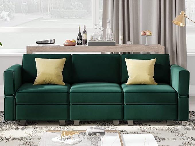 Belffin Modular Sofa Couch with Storage Seats Velvet 3 Seater Sofa for Living Room Green-Ruum Studio Home