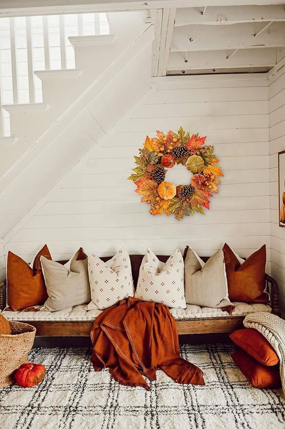 Fall Wreaths for Front Door 16'' Autumn Velvet Pumpkin Wreath with Metal Hook Harvest Maple Wreath Fall Decoration for Home Halloween Thanksgiving Decoration, Briful-Ruum Studio Home