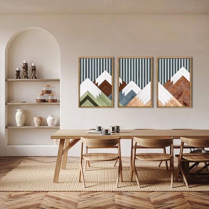 DRACIT Large Woodcut Mountain Wall Art Set Abstract Boho Forest Wood Wall Decor Nature Blue Art Decor Modern Geometric Wooden Wall Sculptures for Living Room Bedroom Office-16x24Inchx3-Ruum Studio Home