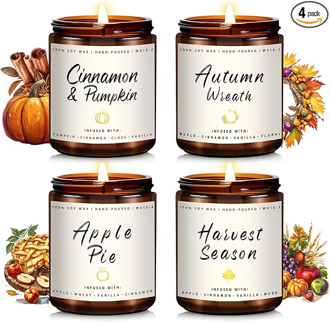 Auelife Fall Candle Set | 4 Pack Scented Candles for Home - Candle Gifts for Women Men, Soy Candles Home Scented | Autumn Fragrance of - Apple Pie/Cinnamon/Harvest/Wreath-Ruum Studio Home