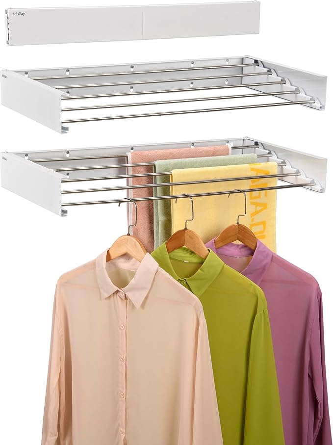 Wall Mounted Laundry Drying Rack, Retractable Clothes Drying Rack for Bathroom with Wall Template, 5 Stainless Rods Heaving 60 lb Capacity (White, 31.5")-Ruum Studio Home
