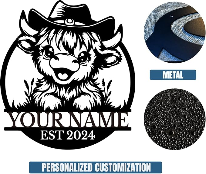 Personalized Highland Cow Name metal Signs,Custom Highland Cow Metal Shed Wall Decor,Black Metal Wall Art Plaques Outdoor wall Decorative Signage (Style A)-Ruum Studio Home