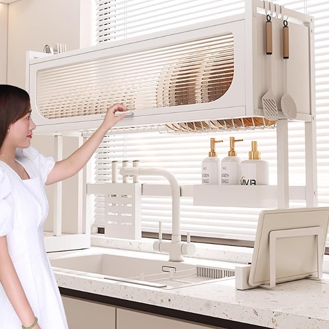 Home Furnishing Dish Rack Over Sink Stainless Steel Over The Sink Dish Drainer Drying Rack Space Kitchen Sink Rack Multifunctional countertop Dish Storage Rack Sink(White,75cm/29.5in)-Ruum Studio Home
