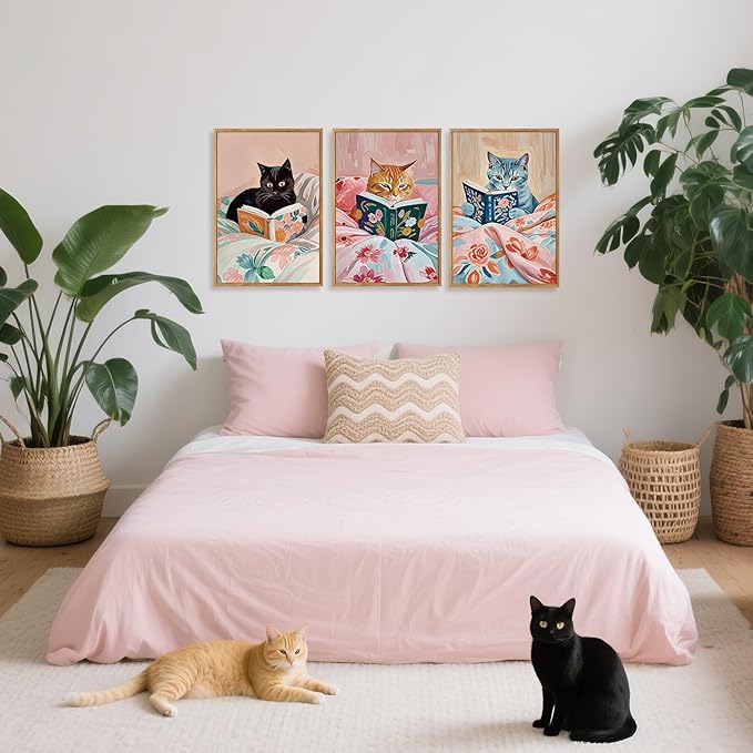 HPNIUB Framed Vintage Black Cats Canvas Wall Art, Funny Animal Reading Books Poster Printing Pictures, Pink Cute Cat Lovers Wall Decor for Girls Room Bedroom Kids Room Living Room Classroom- 24 x36 x3-Ruum Studio Home