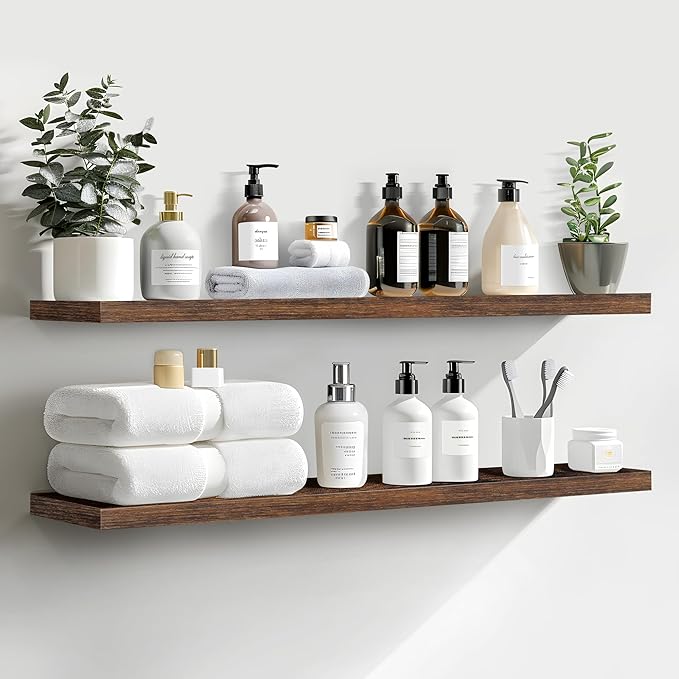LaVie Home Floating Shelves, 36 Inch Wall Shelf Set of 2, Hanging Shelf with Invisible Brackets, Wall Decor for Bathroom, Bedroom, Living Room, Kitchen Storage, Rustic Brown-Ruum Studio Home